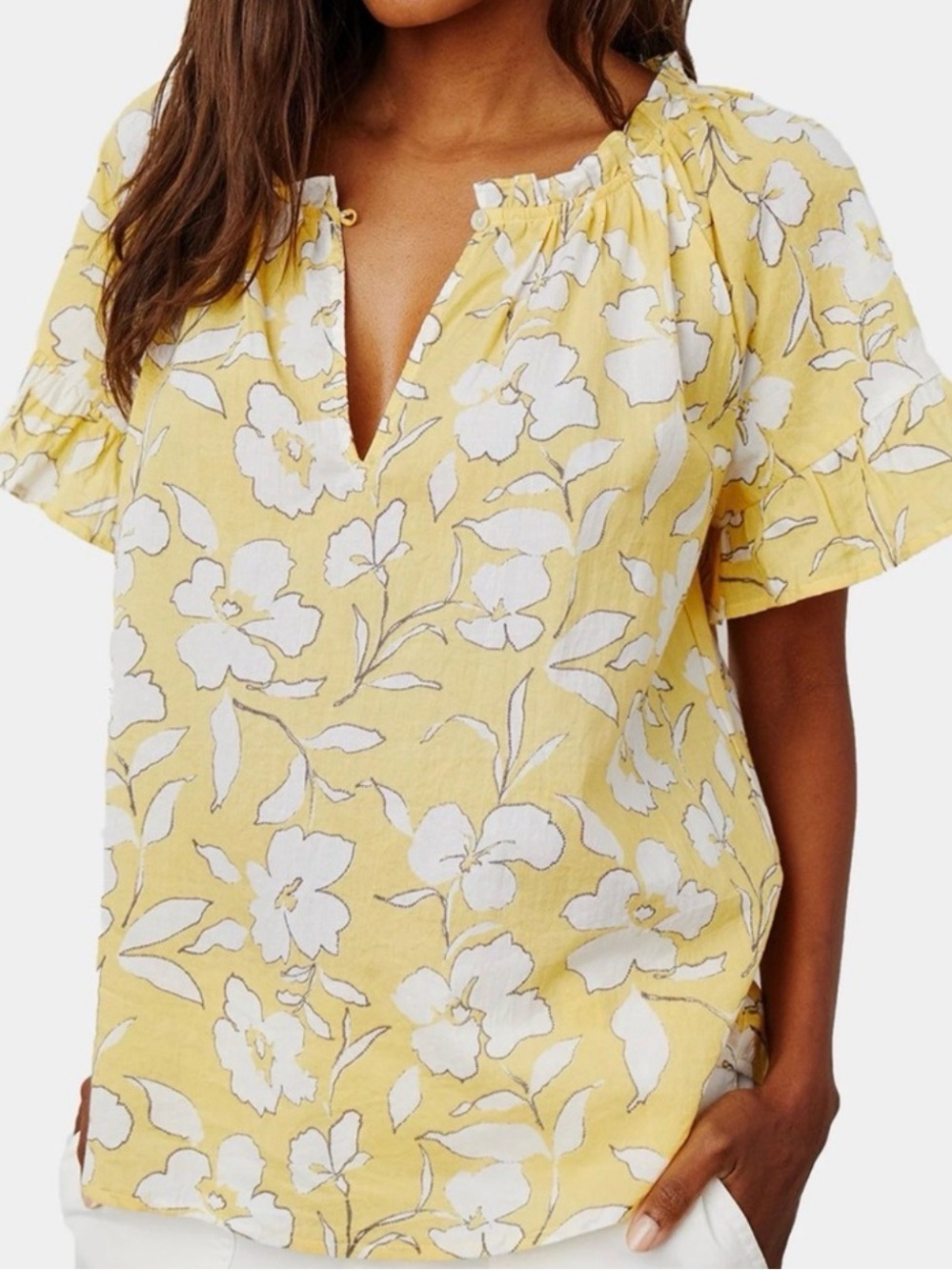 NWT Velvet by Graham & Spencer Yellow Floral Split-Neck Top
